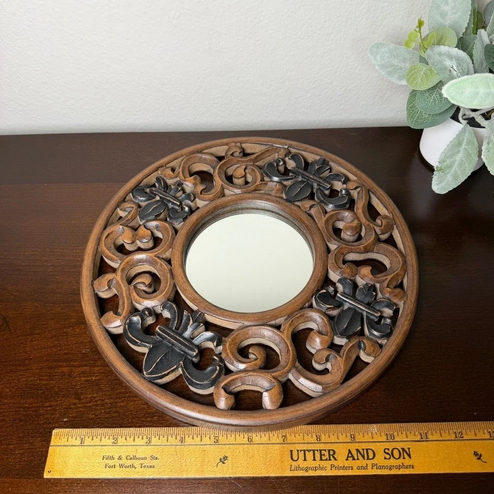 Round Wood Fleur de Lis Wall‎ Mirror Brown Black Scrollwork Ornate